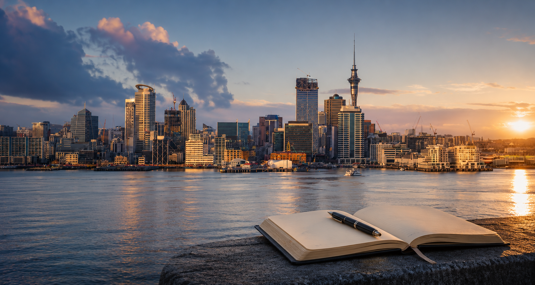 Auckland skyline at sunset across the harbour